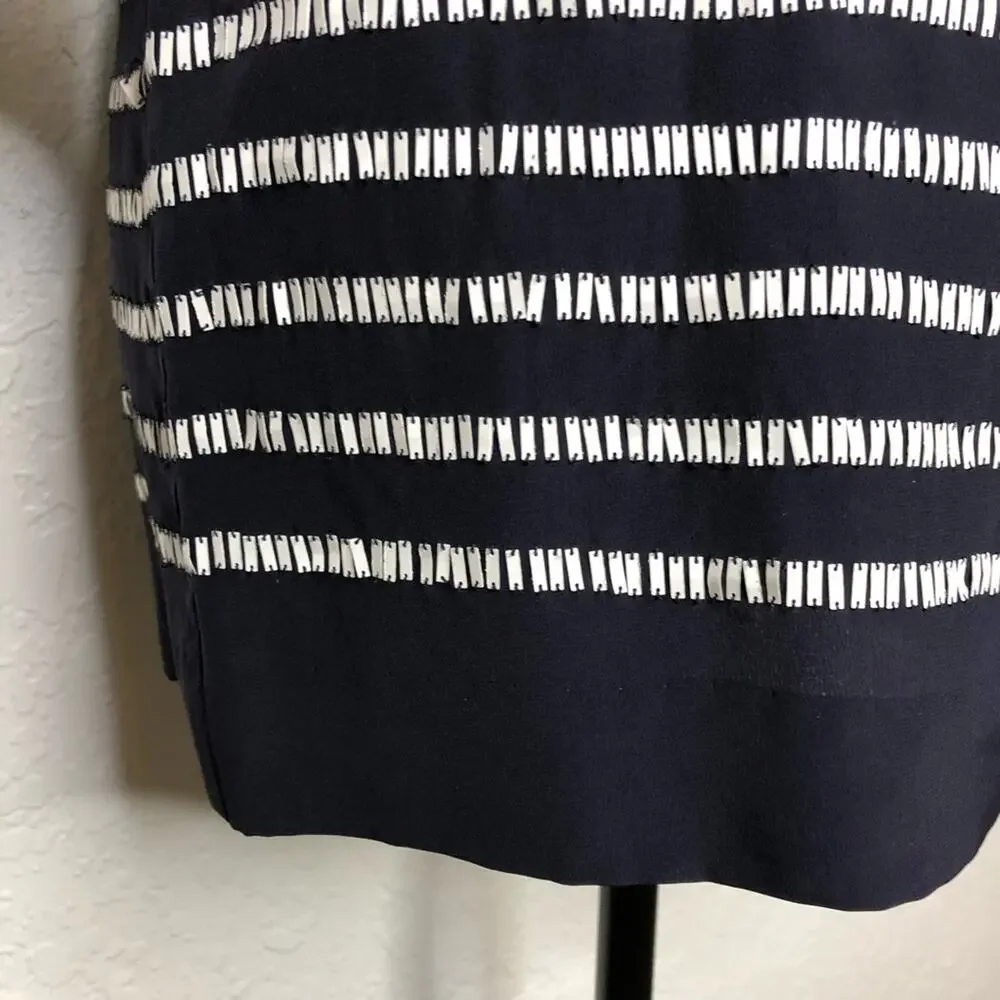 Tory Burch navy blue white rectangle sequin silk top size 4